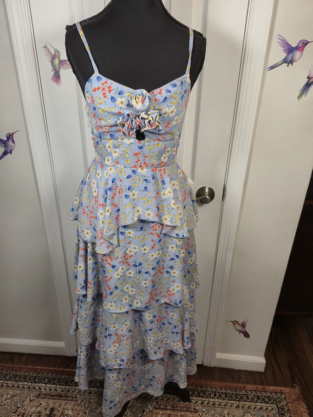 NWOT Charlotte Russe Blue Floral Tiered Ruffle Maxi Sundress Bohemian Small - Picture 3 of 7